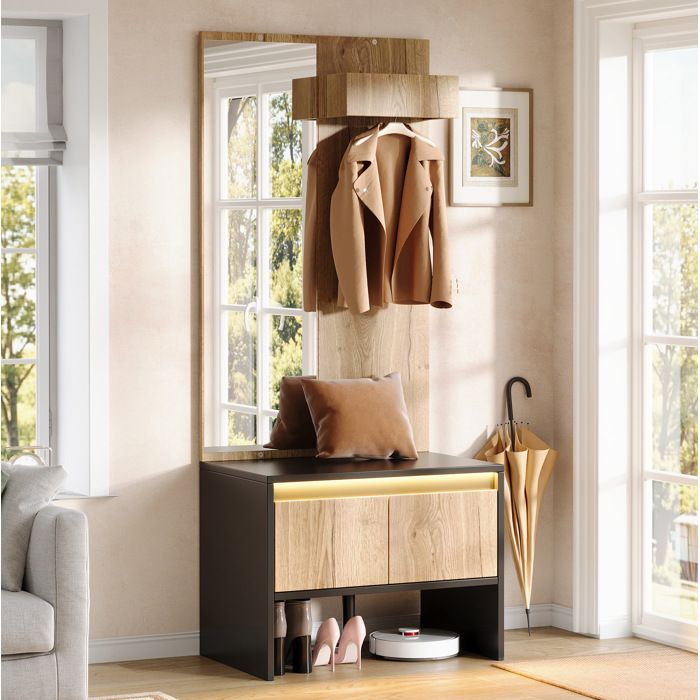 MEULVA Meuble d’entrée 3-en-1 avec miroir 2 tiroirs porte-manteau et banc à chaussures naturel et noir