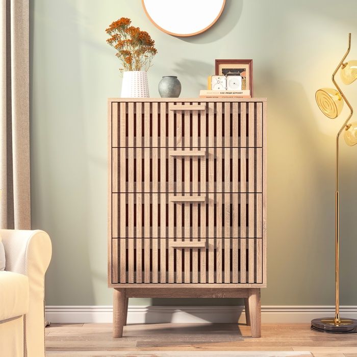 Commode 4 Tiroirs - 60x34x91cm - Meuble Rangement Chiffonnier Scandinave Façades à Lattes et Pieds Hauts - Chêne Clair