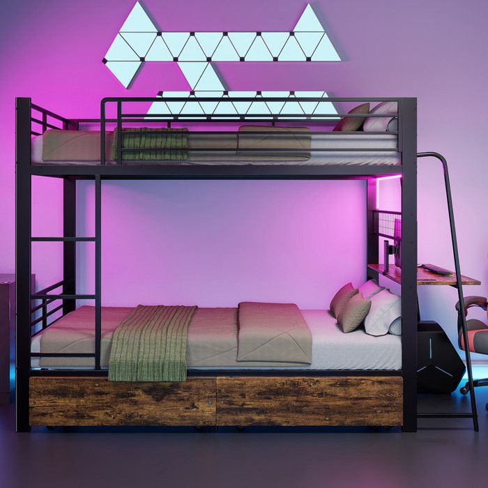 NuvlaGu - Lit superposé 90x200 cm lit étudiant avec bureau intégré éclairage LED et tiroirs de rangement Lit double - Noir