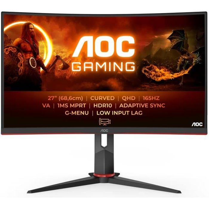 Ecran PC Gamer Incurve AOC CQ27G2S BK 27 VA QHD 1ms 144Hz HDMI DisplayPort USB HP Pivot Reglable en hauteur Freesync Premium
