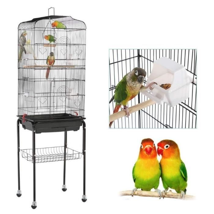 JINKEEY Cage Oiseaux à Roulettes - avec 4 Mangeoire + 3 Perchoirs + Balançoire + Plateau Amovible - en Métal - Noir 46x 35x 150.6cm