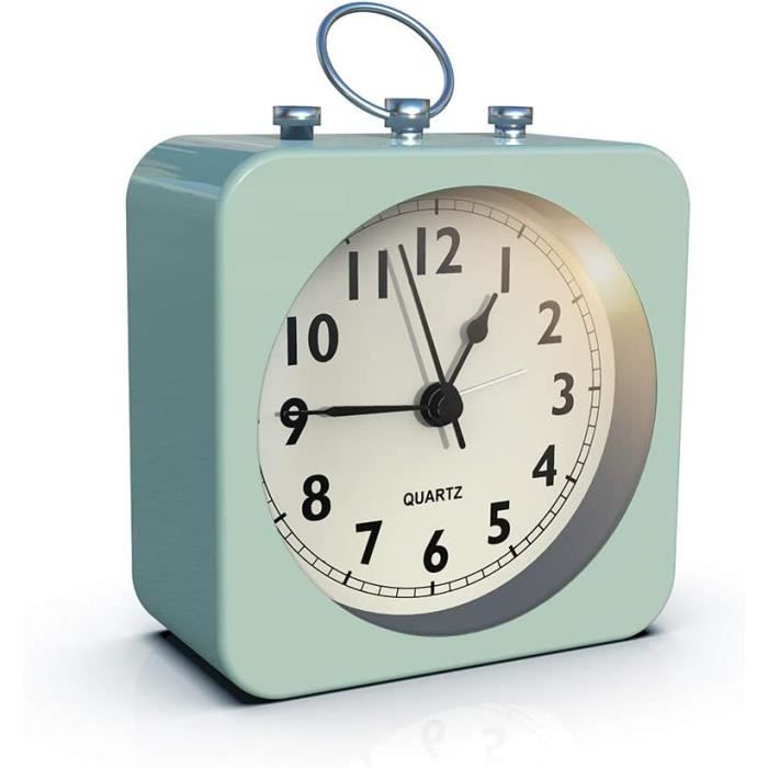 Réveil à piles avec boîtier carré en métal, sans tictac