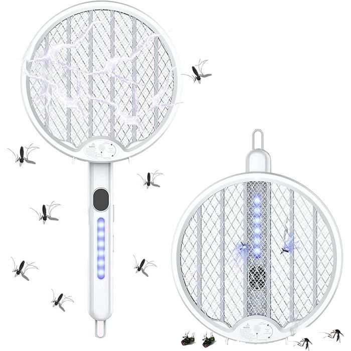 Raquette Electrique Insectes USB Rechargeable, 2 En 1 Raquette Anti Moustique Rétractable 3000V