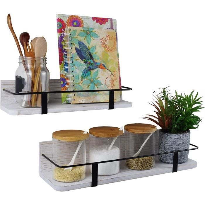 Étagères murales - Étagères De Rangement Décoratives - Lot De 2 - Bois Massif - Blanc - Campagne