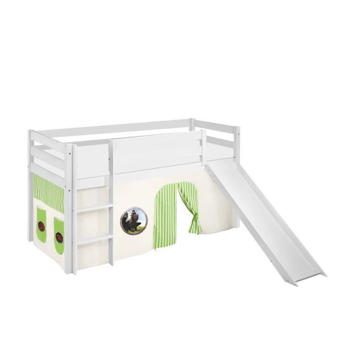 Lit surélevé - LILOKIDS - JELLE - 90 x 190 cm - Blanc laqué - Avec rideaux et toboggan Lit surélevé - LILOKIDS - JELLE - 90 x 190 cm - Blanc laqué - Avec rideaux et toboggan