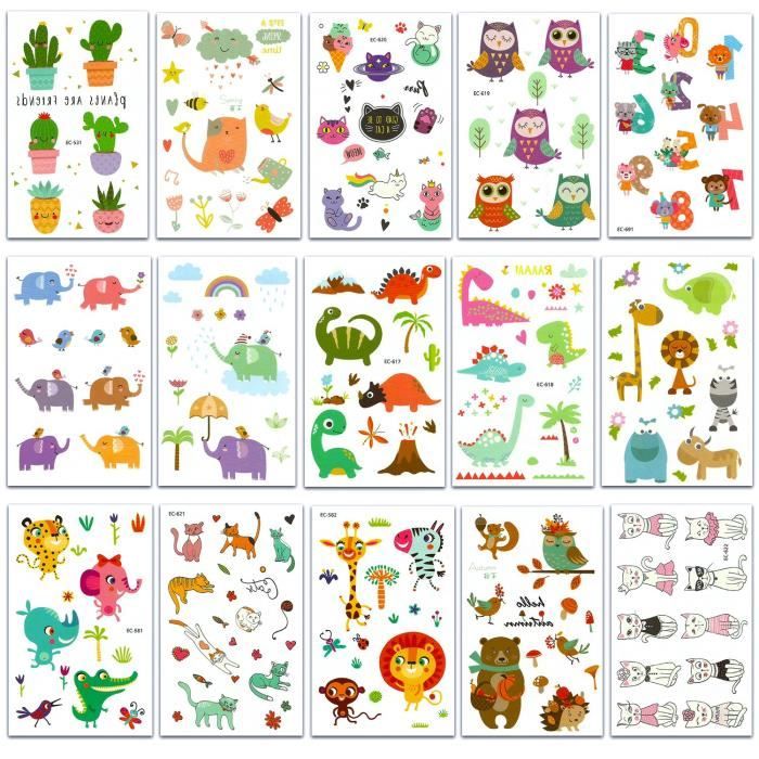 Tatouage temporaire pour enfants fille garçons auto 15 feuilles Tattoos Étanche 120x75 mm,Chileeany Tatouages éphémères,Enfants de fête danniversaire Cadeau 