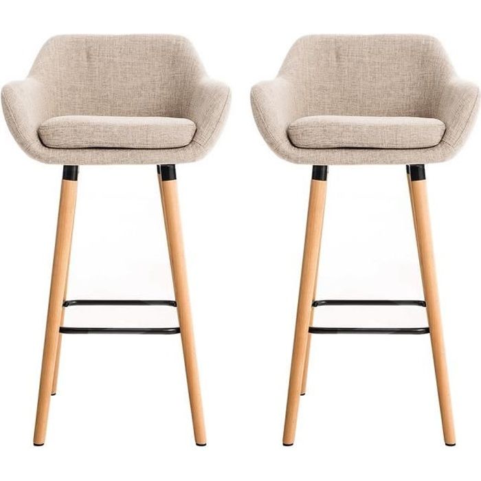 Tabouret de bar en tissu pieds en bois massif QIQI® - Lot de 2 - Scandinave - Moderne - Beige - Gris