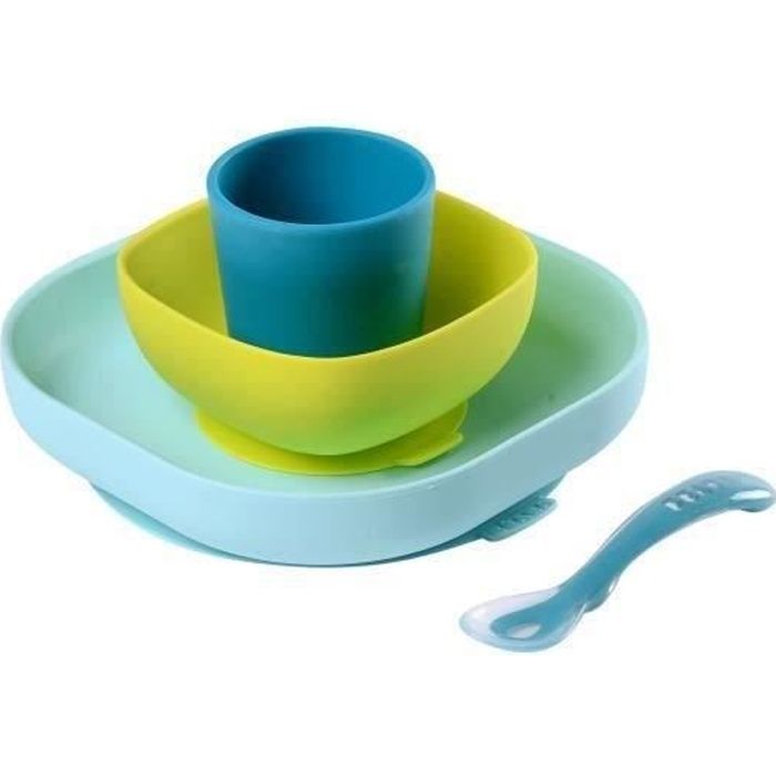 BEABA Set vaisselle silicone repas bébé 4 pièces avec ventouse anti dérapant jaune