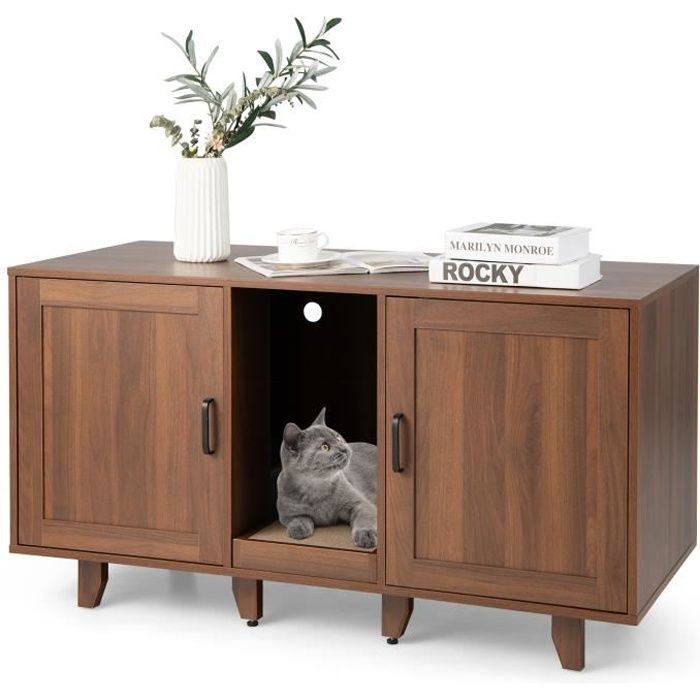 Meilleurs prix pour COSTWAY Maison de Toilette pour Chat - 2 Portes, Planche à Gratter Amovible Meuble Bac à Litière pour Chat - 2 Compartiments – Café