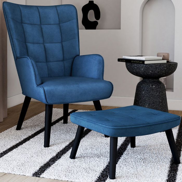 IDMARKET Fauteuil scandinave ANIA avec repose pieds velours bleu IDMARKET Fauteuil scandinave ANIA avec repose pieds velours bleu