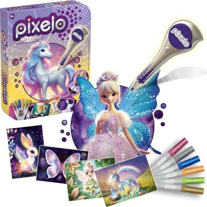 Kit Dessin Métallisé Pixelo Lansay 20280 – 8 Illustrations et 6 Feutres Métalliques