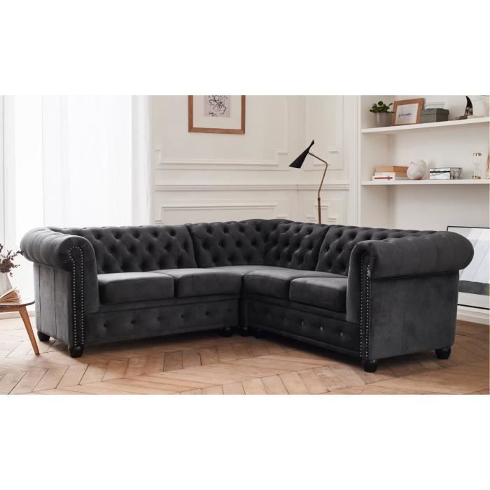 Canapé d'angle 5 places Gris Tissu Chesterfield