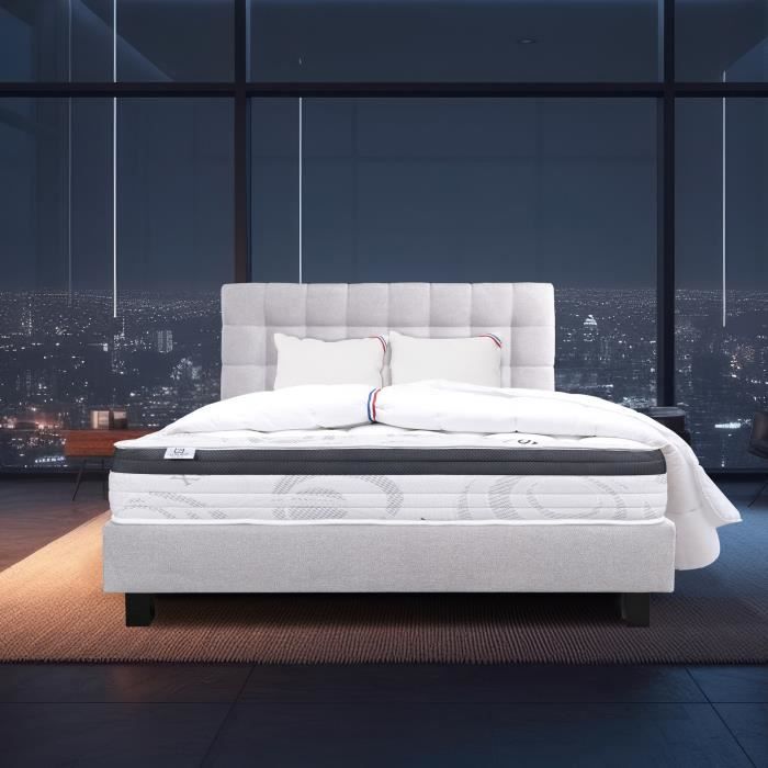 Ensemble matelas Sleeplux 26 cm mémoire de forme ferme réversible+sommier gris ep20cm + 2 oreillers+couette+TDL Ensemble matelas Sleeplux 26 cm mémoire de forme ferme réversible+sommier gris ep20cm + 2 oreillers+couette+TDL