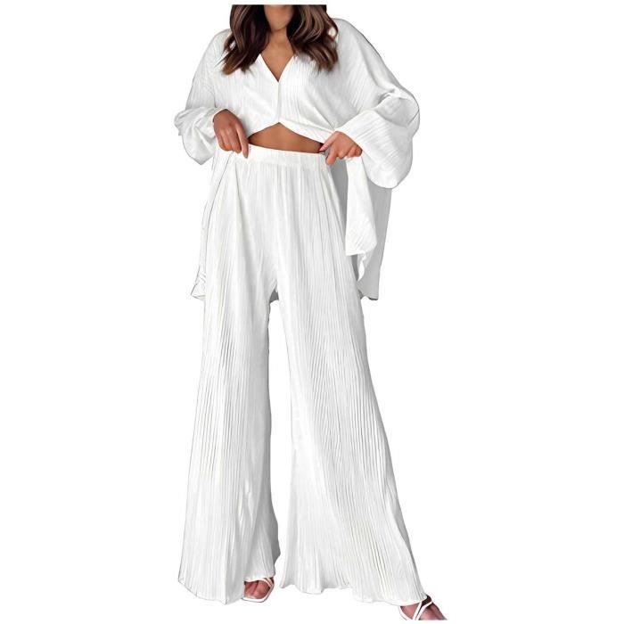 Ensemble Femme Sasaquoy Manches longues boutonnées de couleur unie + pantalon à taille élastique, costume décontracté Blanc