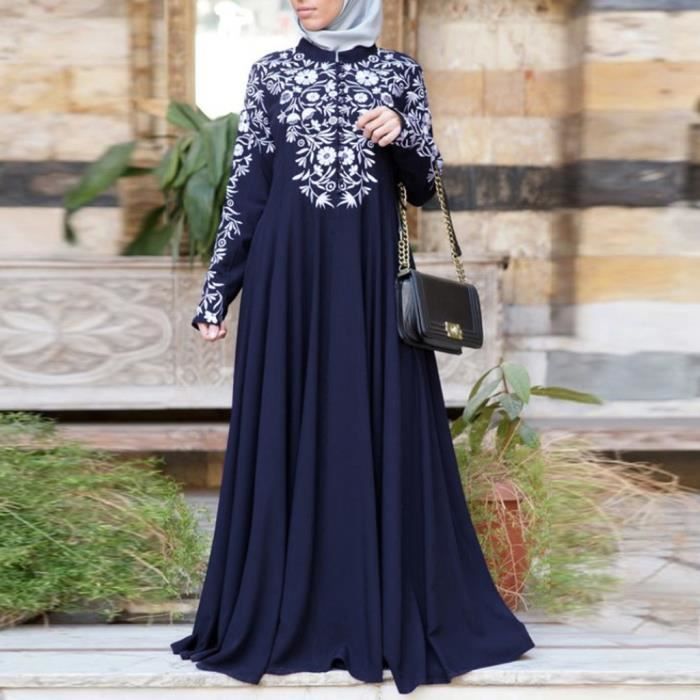 En coton égyptien brodé galabeya abaya islamique robe bleu Jilbab Caftan vente 