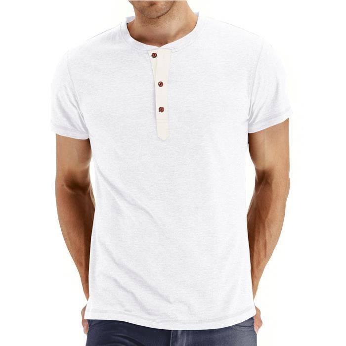 T-shirt homme en coton uni avec boutons Col Henley Tee-shirt manches  courtes homme