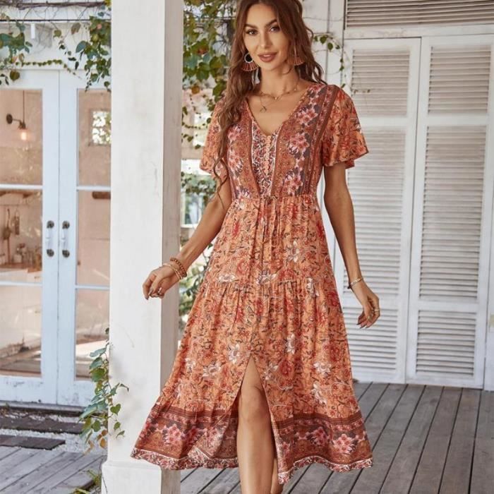 Robe femme ete chic et elegant Boheme Imprim?� Vacances ?� la plage - Orange LC Orange - Cdiscount 