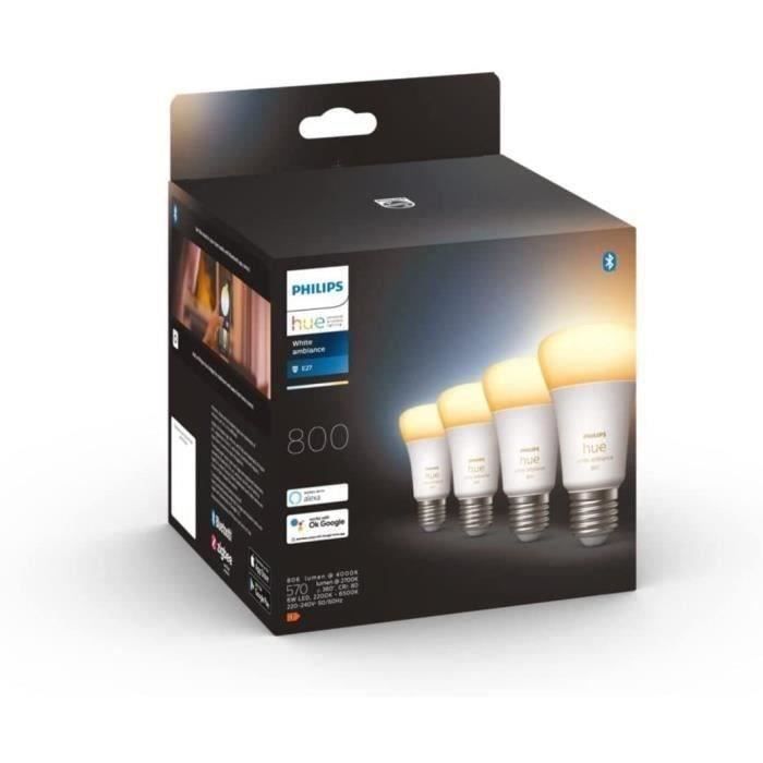 Philips Hue White Ambiance, ampoule LED connectée E27, équivalent 60W, 800 lumen, Pack de 4, compati