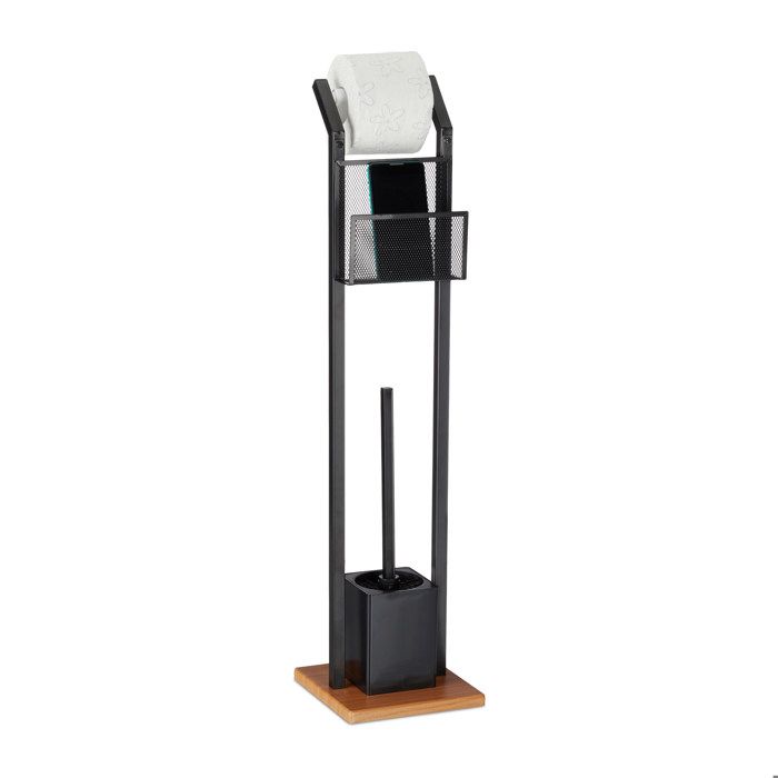 Relaxdays ensemble WC av. étagère brosse WC et dérouleur papier support pour portable aspect bois H 78 cm noir