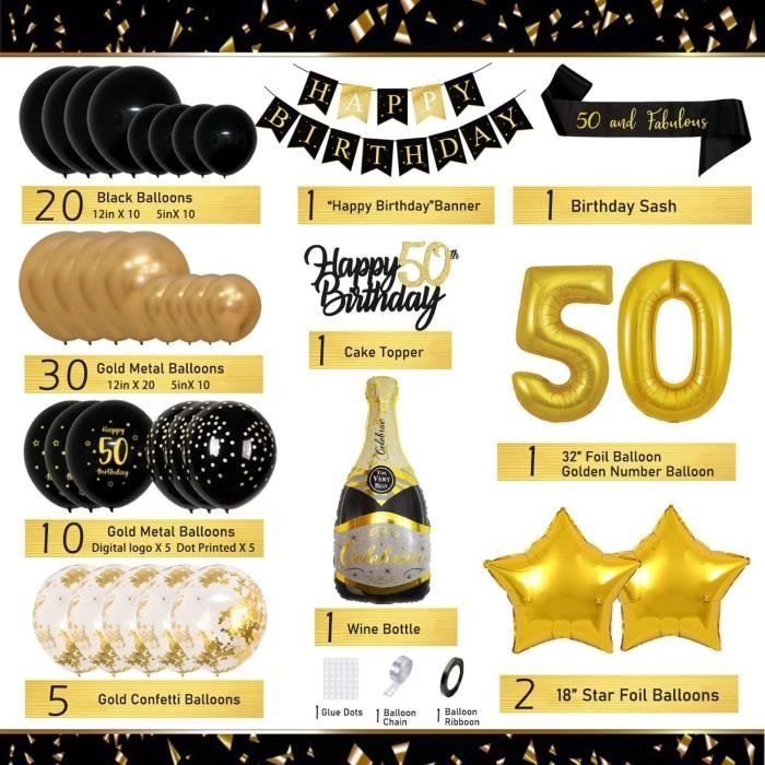 Décorations Pour 50e Anniversaire, Kit Arche Ballons Noir Doré Avec