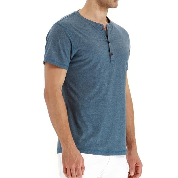 T-shirt homme en coton uni avec boutons Col Henley Tee-shirt manches  courtes homme