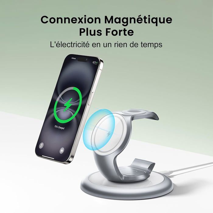 Chargeur Magnétique Sans Fil 15W – Compatible IPhone 12 à 17, AirPods, Double Entrée USB-C/USB-A, Noir