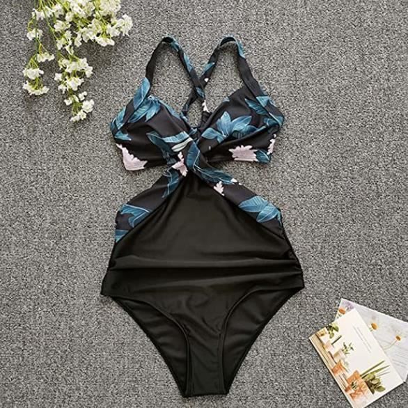 Maillot 1 Pièce Femme Misolin - Col V Volants, Push-Up, Taille Haute, Noir Taille M