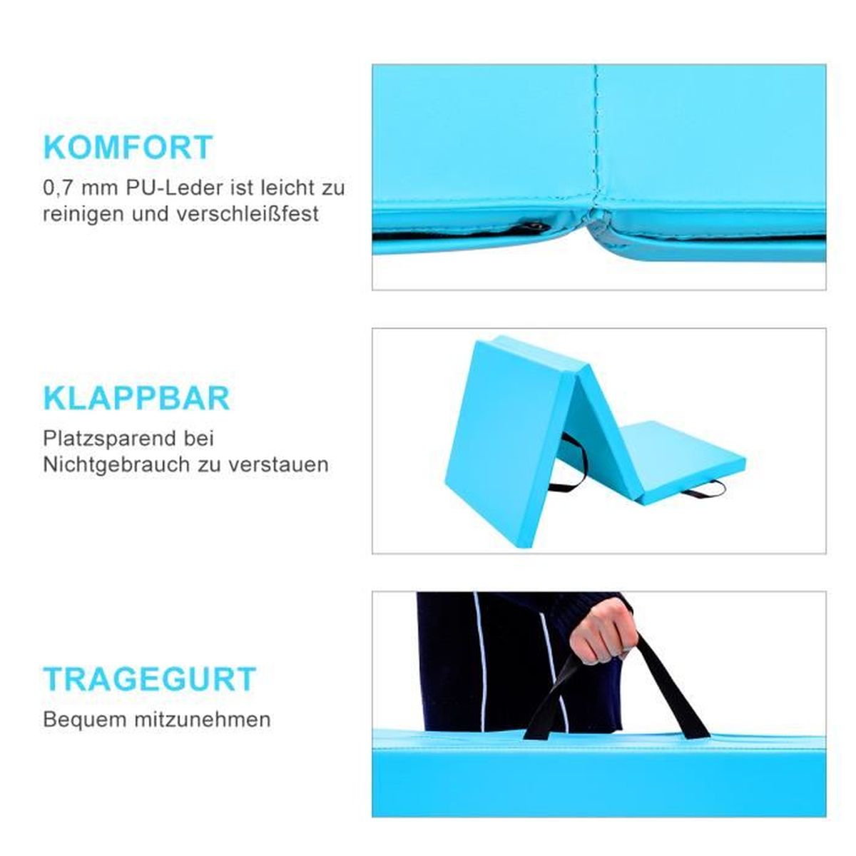 Tapis de Gymnastique 3 Tailles Pliable Tapis de Fitness Coussin de Yoga Bleu Pur