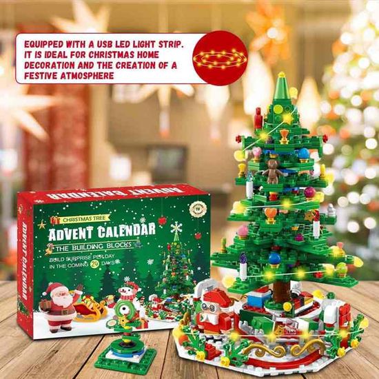 Calendrier De L'Avent 2025 à Construire - 24 Briques Sapin + Guirlande Lumineuse - Déco Noël Enfant & Familial