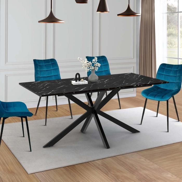Table à Manger Ronde Alix 6 Personnes - Plateau Effet Marbre Doré, Pied Araignée Laiton, 110 Cm (IDMarket)