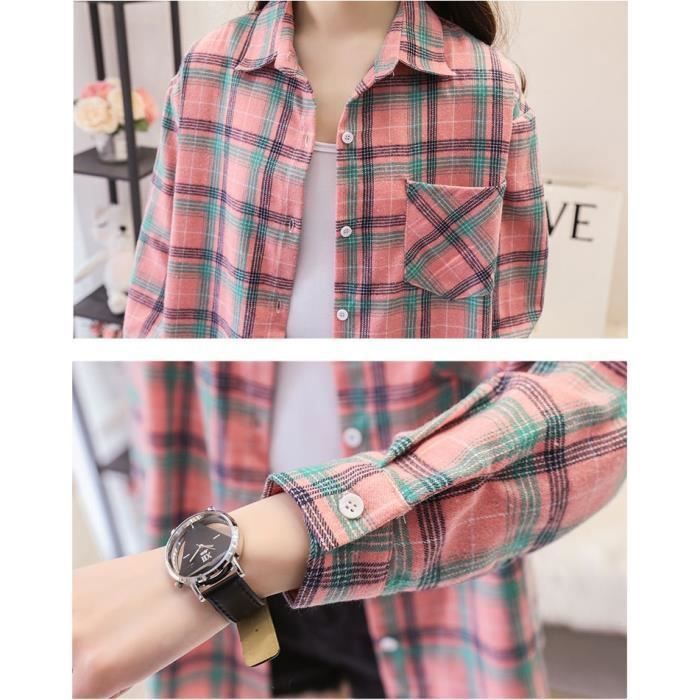 Chemisier à Carreaux Femmes Chic avec Bouton Manches Longues