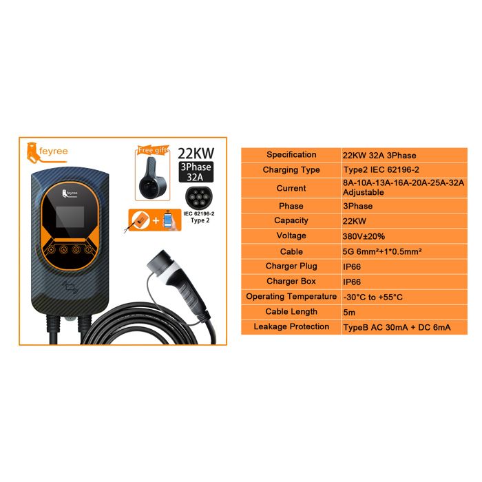 Station De Charge Domestique 22 KW Pour Voiture électrique - 7 KW/22 KW - IP65 - Application Smartphone - Prise Type 2 - Câble 5 M - 5