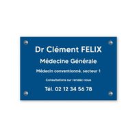 Plaque professionnelle PVC 30x20 – Gravure Personnalisée | Médecins Vis + chevilles + cache vis Bleue Lettres Blanches