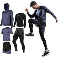 Ensemble Compression Tenue Sport Homme Fitness Vetement Running Shirt Legging Collant Running Jogging Cyclisme 5 Pieces Bleu-A XL