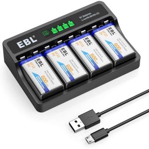 EXTENSILO 3x Piles bloc batterie 9V pour divers appareils (1000mAh, 9V,  Li-ion), prête à l'emploi, avec port micro-USB