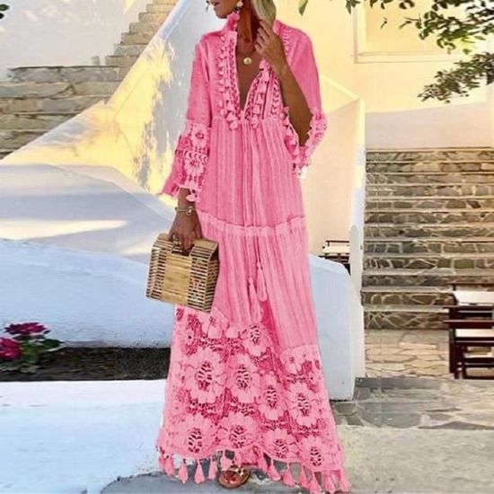 ShopWonder Robe Tunique Femme Grande Taille - Robe D'été Bohème Col V Volants Poches