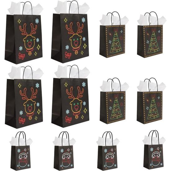Lot De 12 Sacs Cadeaux De Noël Réutilisables - Papier Kraft Avec Poignées, Multicolore, Neuf
