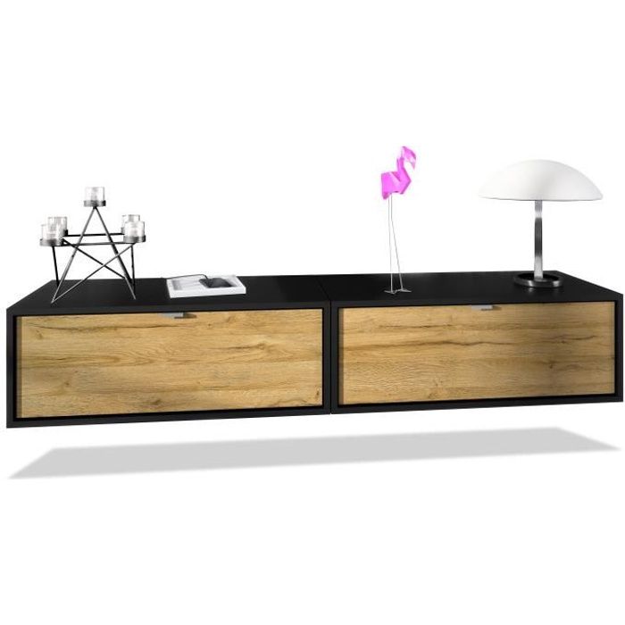 Ensemble de 2 set meuble TV Lana 80 armoire murale lowboard 80 x 29 x 37 cm, caisson en noir mat, façades en Chêne Nature