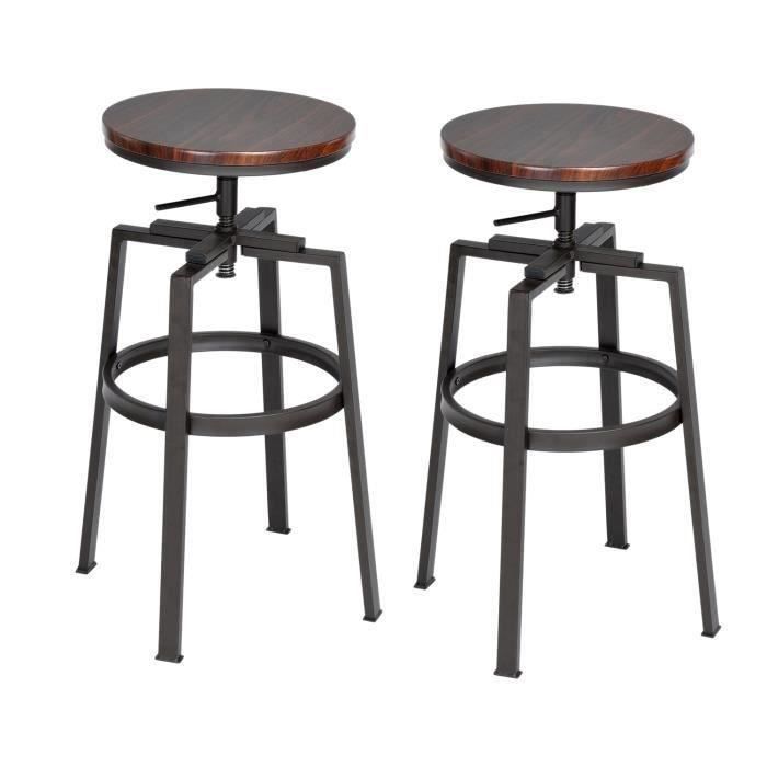 Lot de 2 Tabouret de Bar Hauteur Réglable 66.5-74cm Rotation Siège en Imitation Bois et Métal Design Industriel