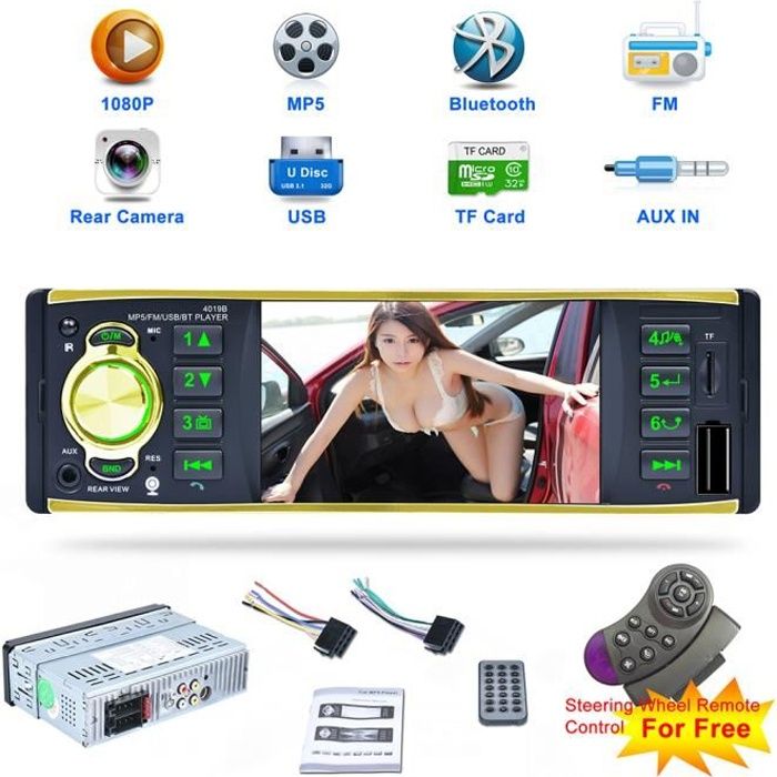 Autoradio Lecteur Multimédia 1 Din HD 4,1 Pouces MP5 de Voiture 4019B Bluetooth Supporte FM/ AUX USB/ TF Or