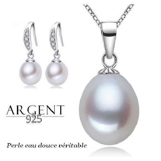 Parure Bijoux Perle de culture eau douce Blanche Argent 925