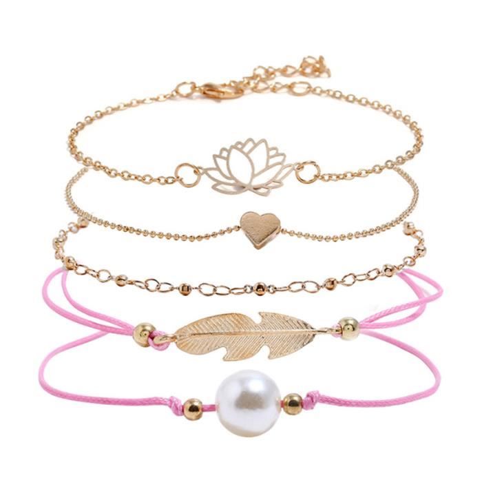 5 pièces Bracelets Aimant Coeur Feuille Perle Élégant Alliage Creux Lotus Poignet Chaîne Bracelet BRACELET - GOURMETTE - JONC