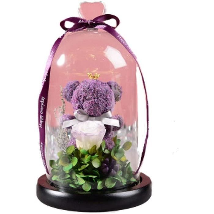 Fleur éternelle Amour Ours Fleurs Halloween Saint Valentin Cadeau de Noël en Verre Couverture Rose de Fleurs séchées,Violet