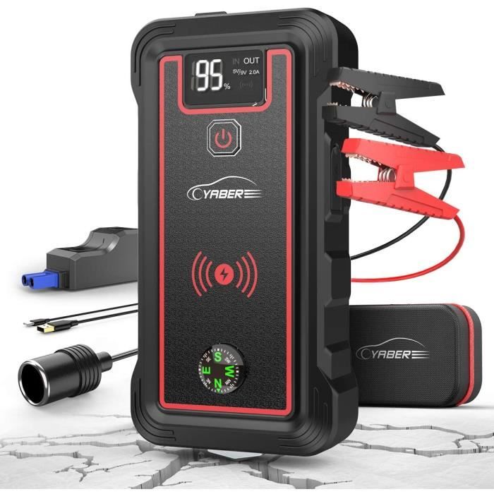 YABER Booster Batterie, 2500A 23800mAh Portable Jump Starter (Tout Gaz ou 8,0 L Diesel), Chargeur sans Fil avec Lamp LED, Écran LCD,