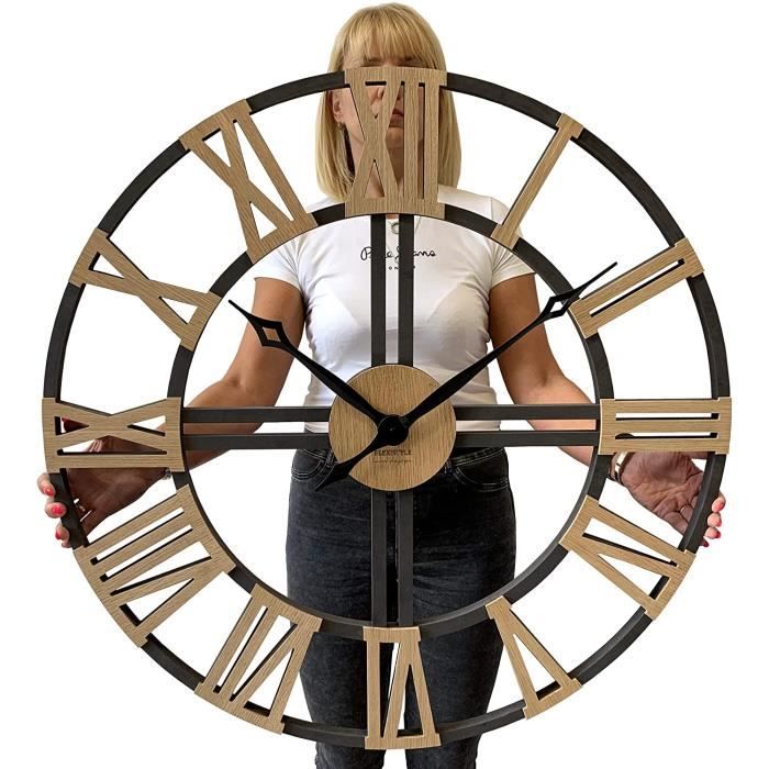 Horloge EKO design originale Horloge Murale Geante XXL 80 cm LOFT Grande bois Noir et chêne, sans Bruit de tic-tac, industr70