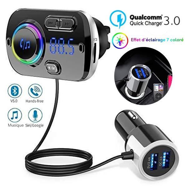 Transmetteur FM Voiture Bluetooth 5.0 avec QC3.0 Adaptateur Appel Main Libre, 7 Lumières Colorées support Siri 【Nouveau 2019】