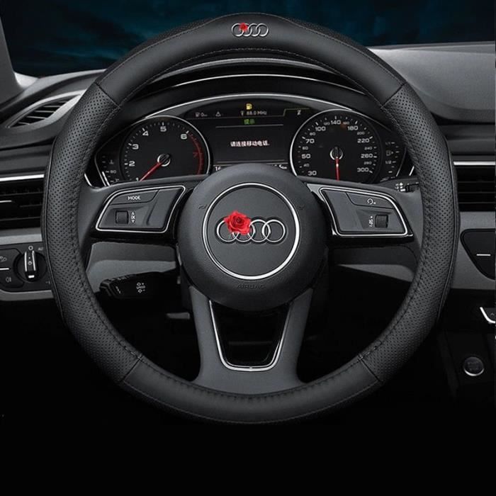 Couleur O-Noir avec logo Couvre Volant en Cuir Véritable 38cm Pour Audi S Line A1, A3, A4, A5, A6, A7, A8, Q2