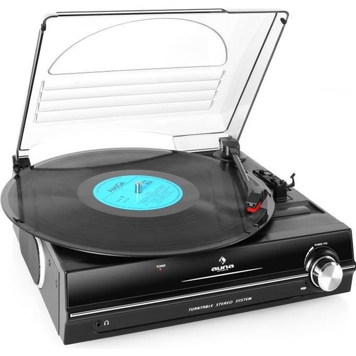 auna 928 Platine vinyle avec haut-parleurs stéreo intégrés & couvercle - Tourne-disque 2 vitesses 33T 45T - Sorties casque et RCA