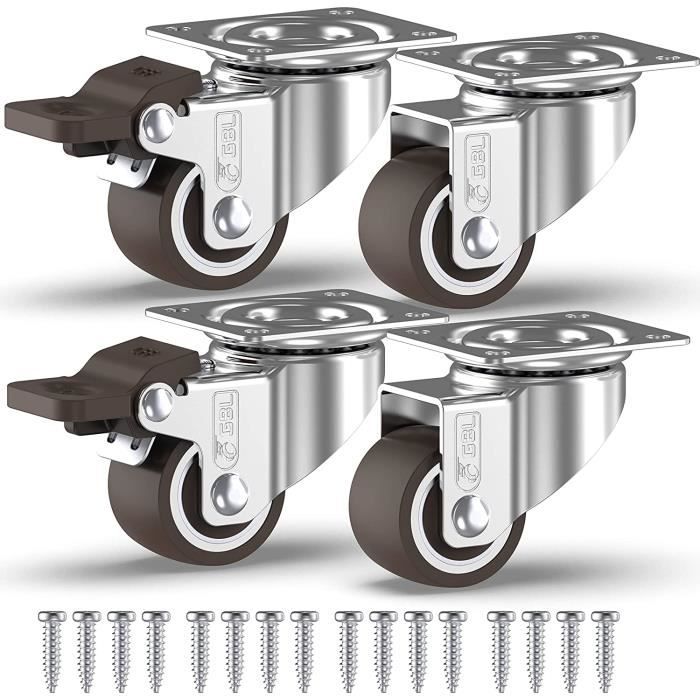 4 Roulettes Pivotantes Pour Meubles dont 2 avec Frein + Vis - 25mm Jusqu'à 40KG - Mini Roulette Sans Traces au Sol pour Charge Lourd
