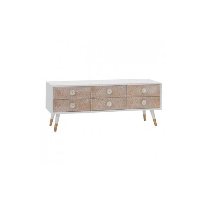 Meuble TV bois blanc naturel motifs 6 tiroirs FLORE